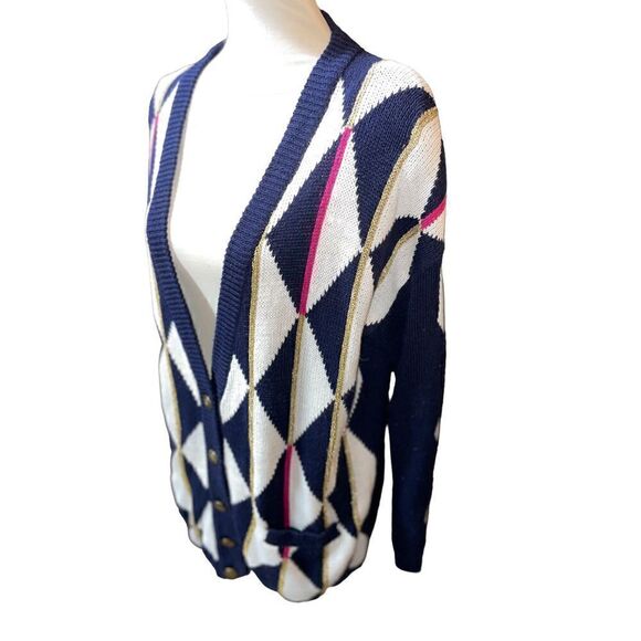 Concepts Button Down Geometric Multi Color Long Sleeve Navy Blue& White Cardigan - Picture 6 of 10